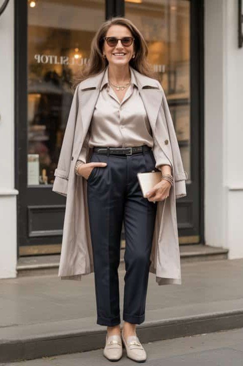Beige trench coat with gray tee and dark skinny jeans for women over 50