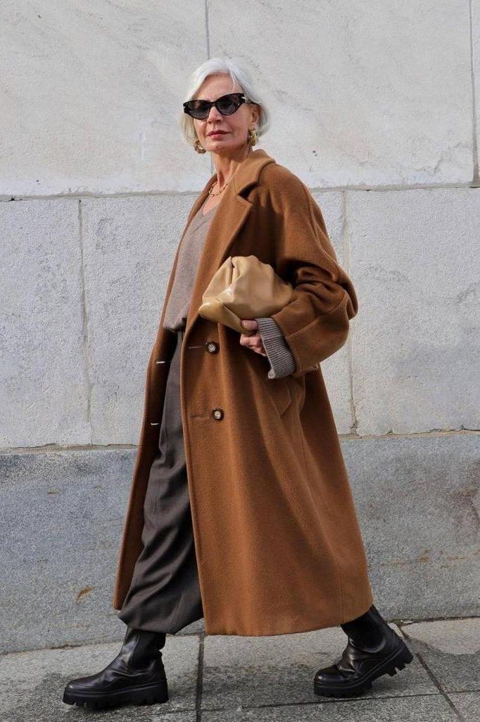 rust oversized wool coat church outfit for women over 60