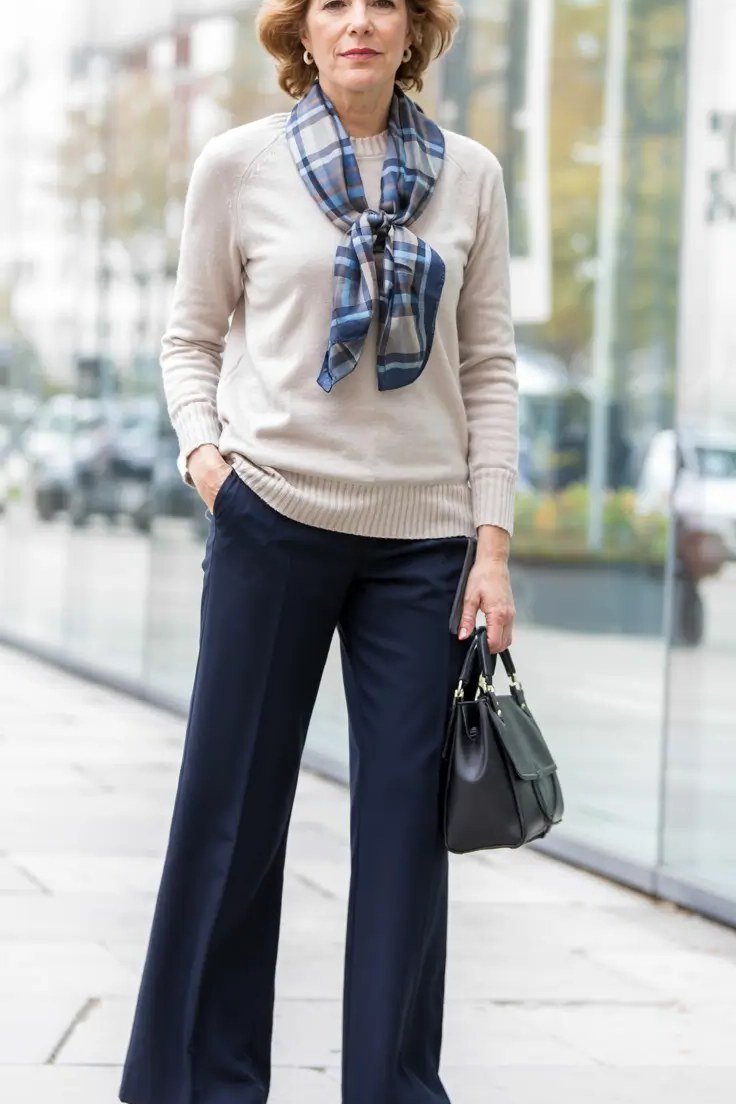 cream sweater, plaid scarf and navy trousers fall outfit for women over 60