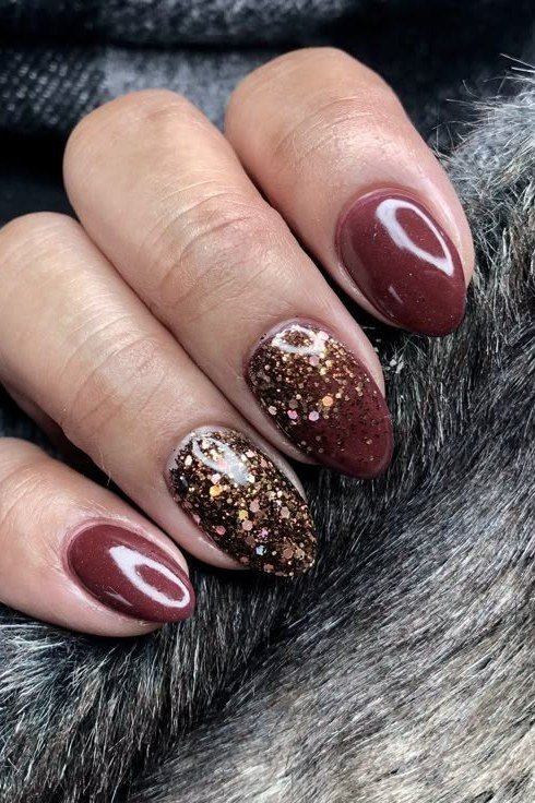 Burgundy Chunky Gold Glitter Nails - burgundy gold glitter accent nails, glitter winter nail design for women over 60