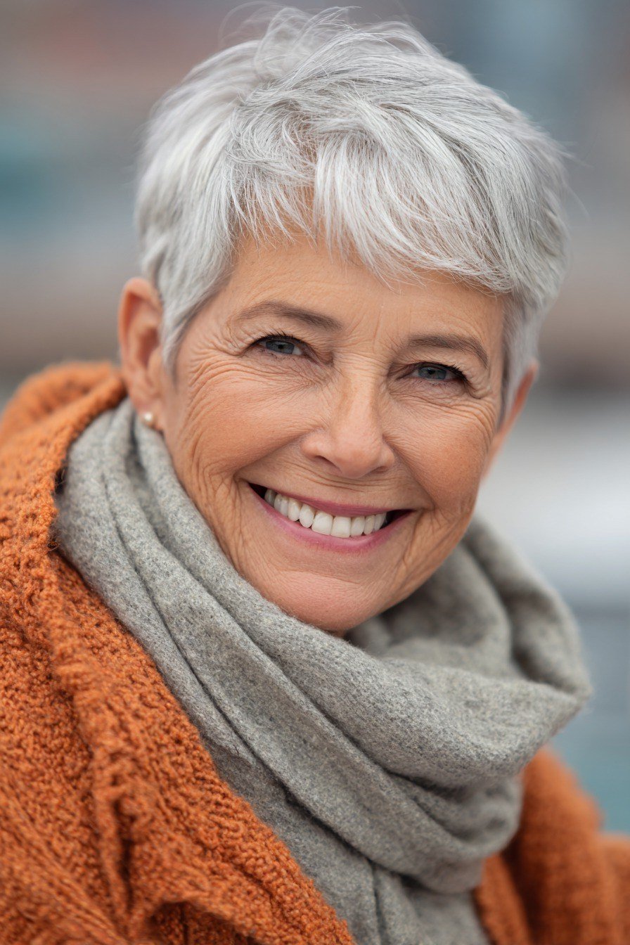 White pixie, big smile, front view, bright natural light, timeless hairstyle for women over 70