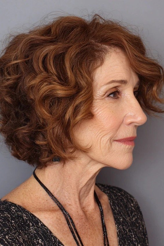 Auburn curly bixie haircut side view for women over 60