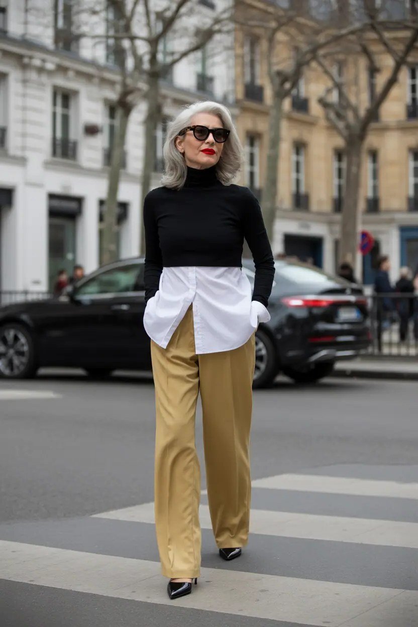 Black Turtleneck over a White Shirt with Khakis, classic casual outfit for women over 70
