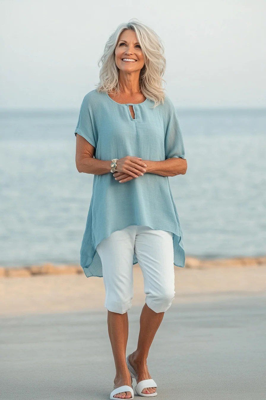Seafoam Tunic with White Capris - chic casual outfit for women over 50