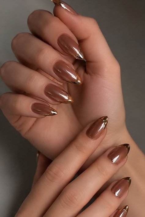 Bronze Chrome Almond Nails - brown nail idea for women over 50