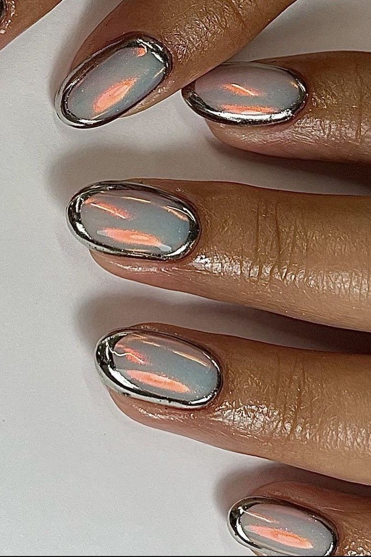 Silver Aura Chrome Oval Nails - chrome nail designs for women over 60