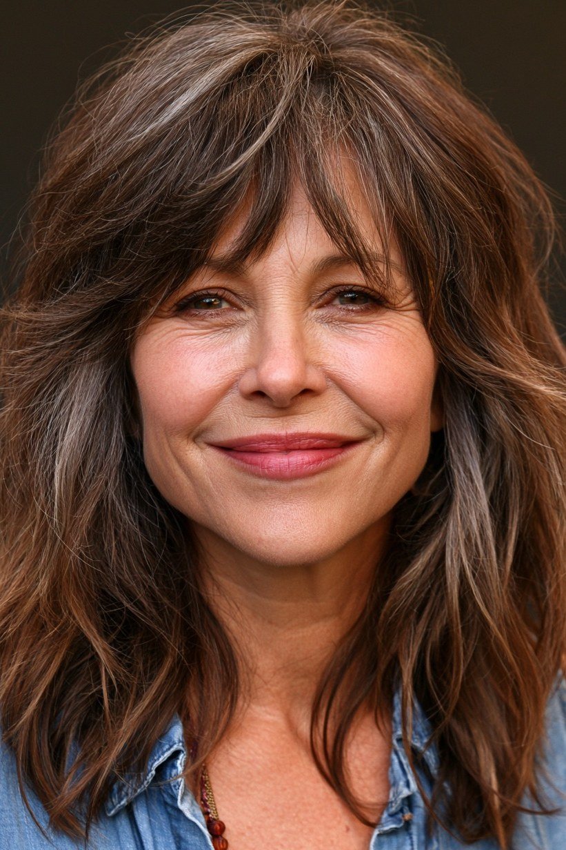 Layered Brunette Shag with Curtain Bangs - medium shag haircut for women over 40