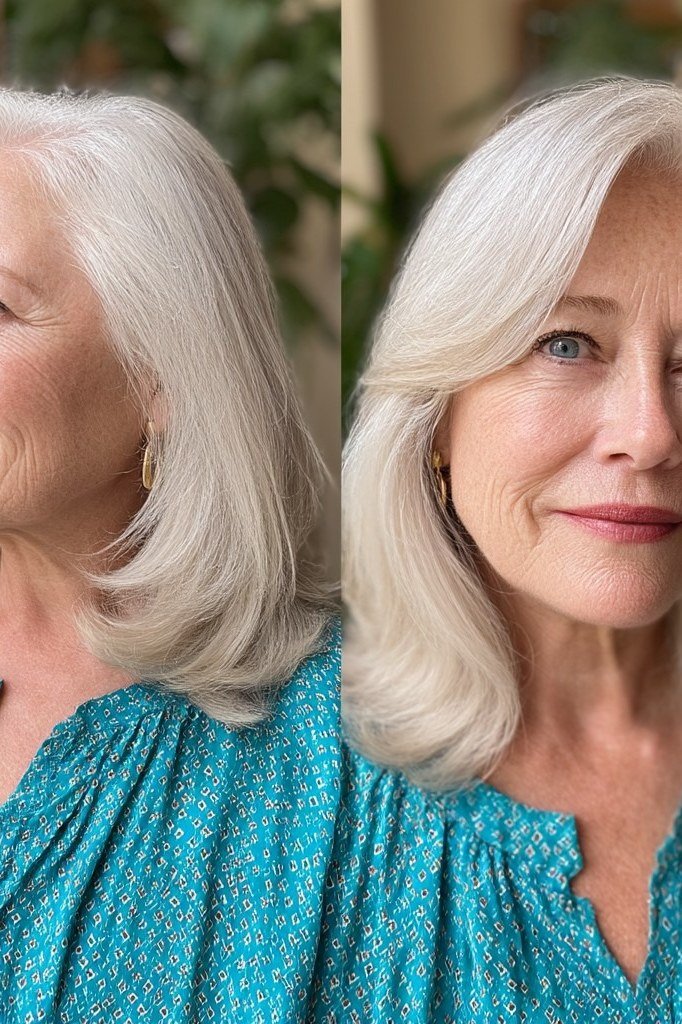 White Shoulder-Length Layers in Two Views, medium hairstyle for women over 70