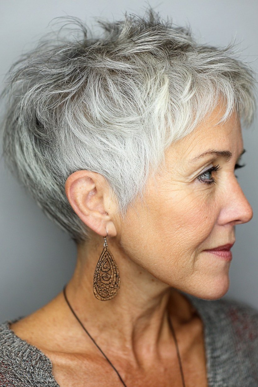 White wispy pixie with bangs and soft side layers