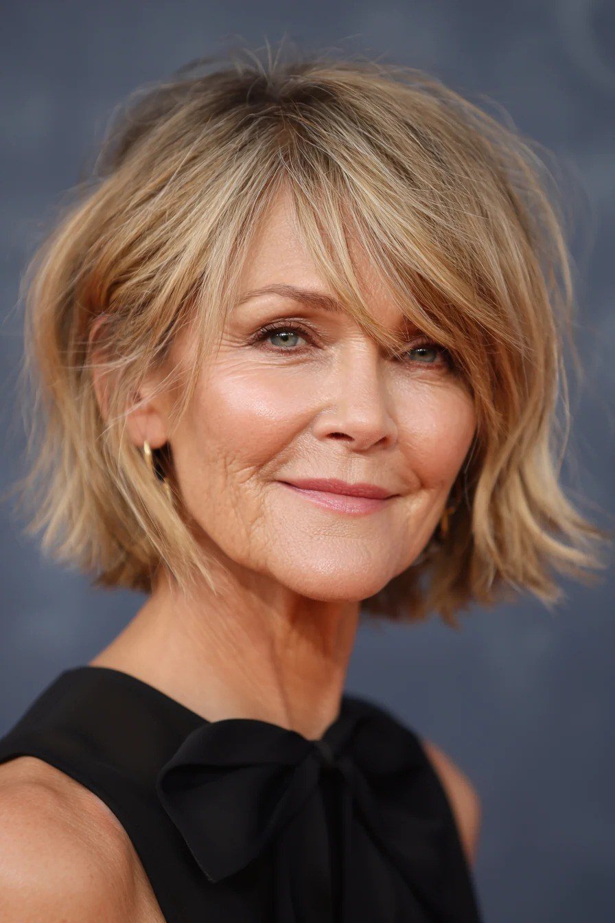 copper-auburn layered bob, side view — chin-length layered bob hairstyle for women over 50
