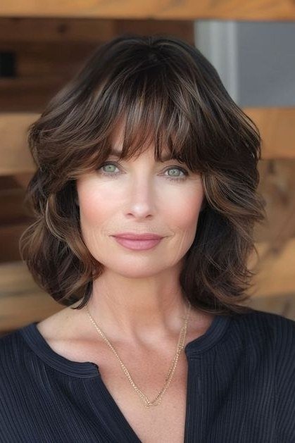Brunette Shaggy Layered Lob with Bangs - layered lob hairstyle for women over 60