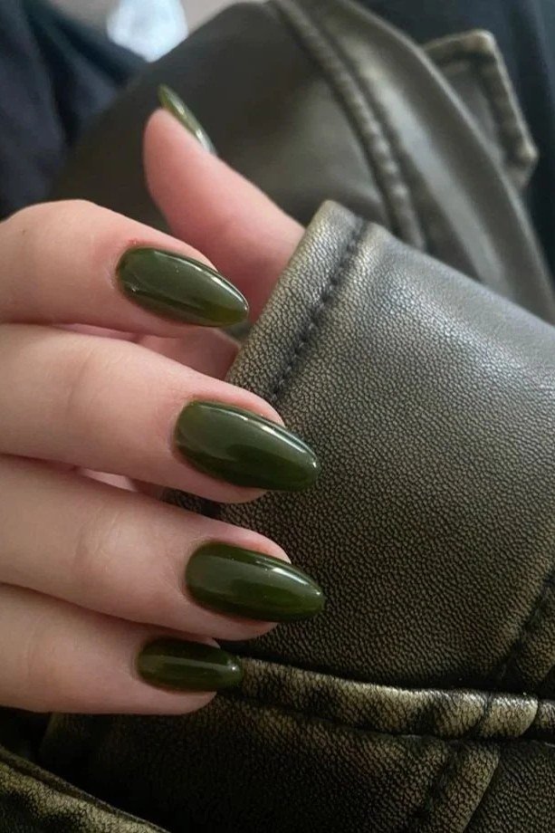 43. Glossy Olive Green Almond Nails - Thanksgiving nail art idea for women over 50