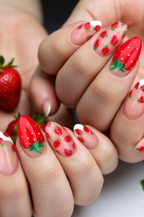 Almond pink nails with painted strawberry fruit art