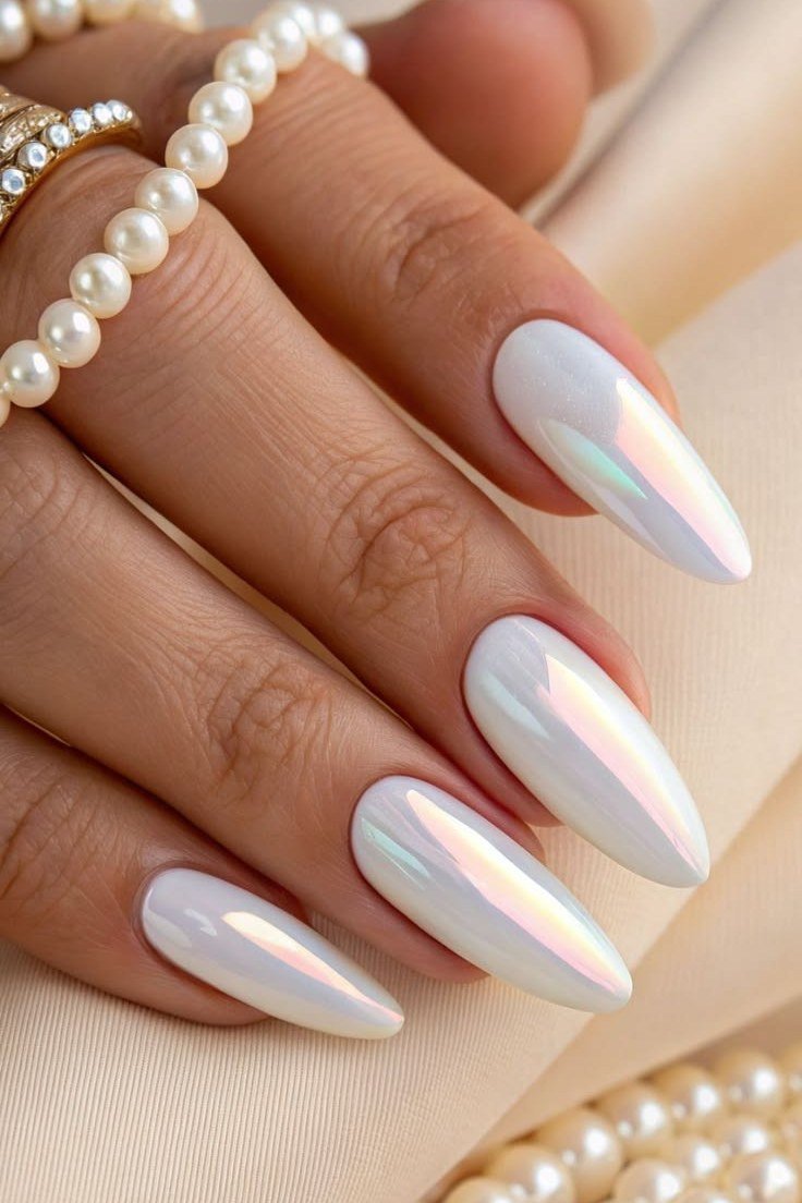 White Pearl Chrome Almond Nails - pearl finish nail idea for women over 60