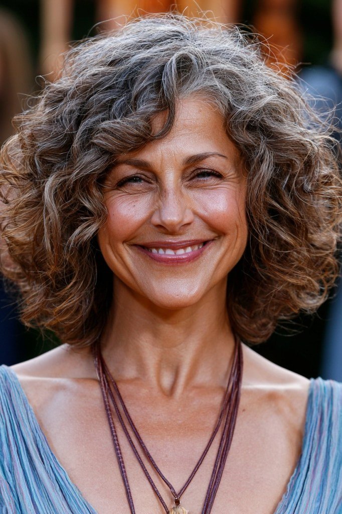 Warm brown curly lob on smiling mature woman, front view