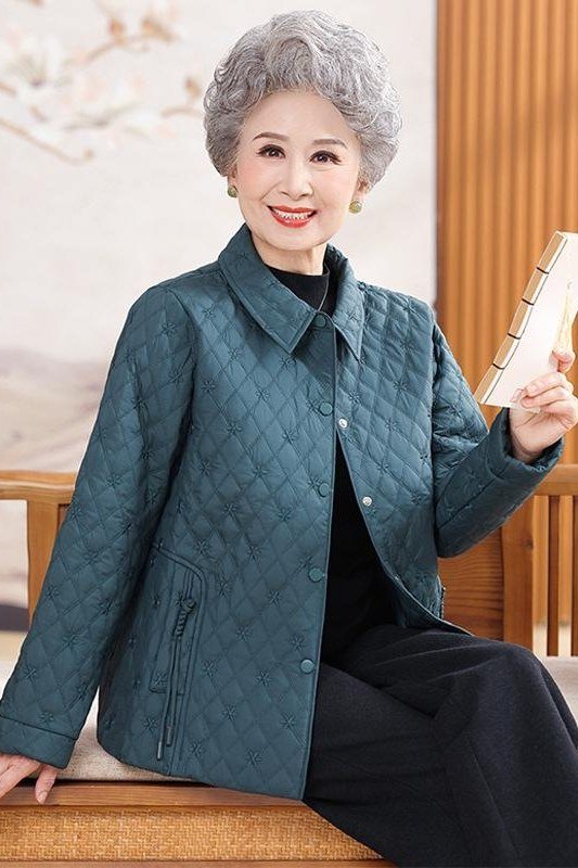 Teal quilted jacket outfit for women over 60