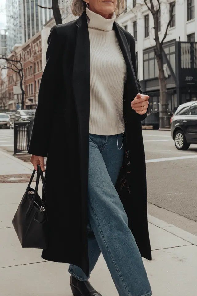 Black coat with cream turtleneck, jeans and black boots, fall outfit for women over 50