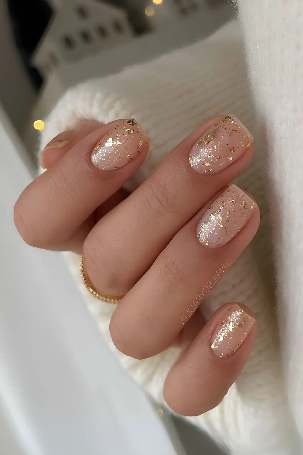Champagne Glitter Short Square Nails, fun winter nail idea for women over 60