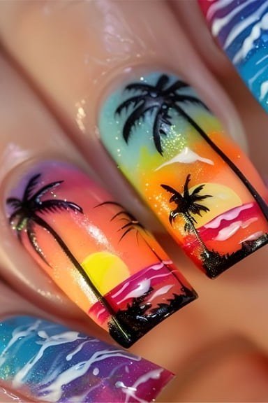 Sunset Palm Tree Nail Art - A full sunset scene glows on these medium square nails, with palm trees, ocean waves, and a bright sun in orange, pink, and blue. The glossy finish looks like a tiny painting.
