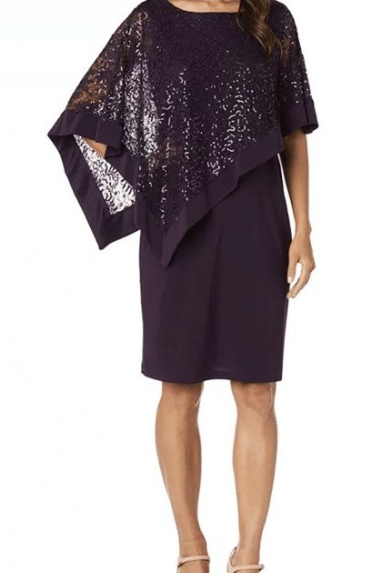Plum sequin cape cocktail dress for women over 60