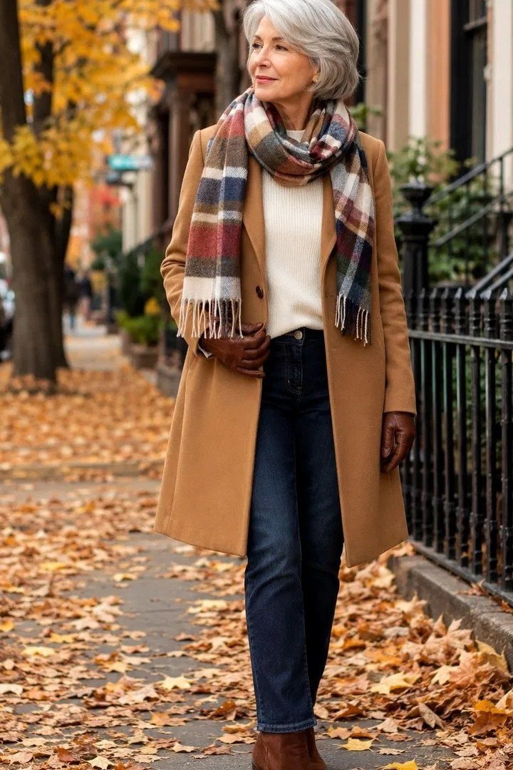 Camel Coat with Plaid Scarf - fall outfit for women over 40