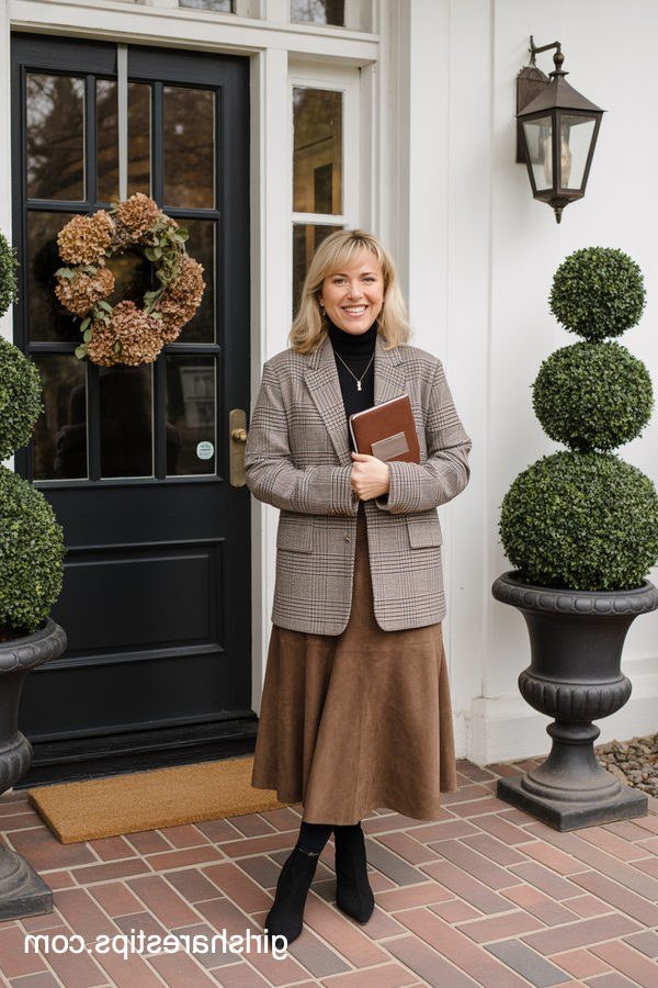 Work outfit for women over 40: plaid blazer with brown midi skirt