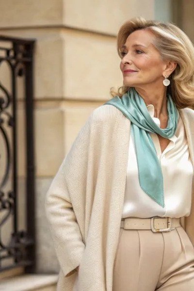 cream blazer with mint scarf and tan trousers, polished daytime outfit for women over 50