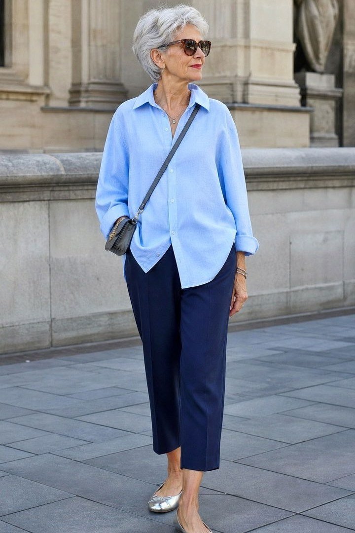 light blue shirt navy cropped trousers over 50