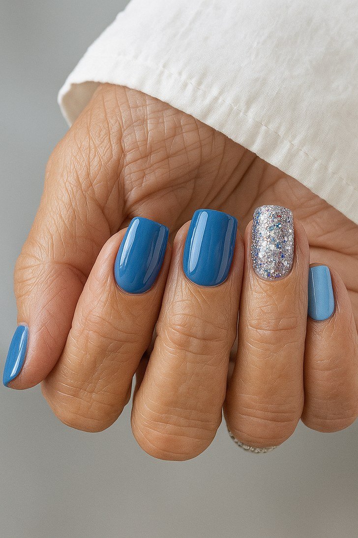 Cobalt blue nails with silver glitter accent