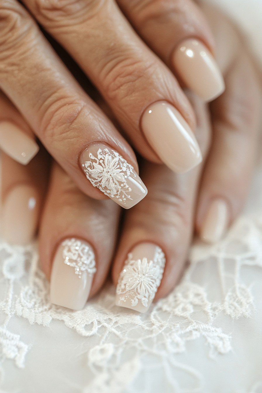 Nude nails with white lace floral art