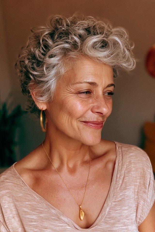 Neat gray curly crop haircut for women over 50