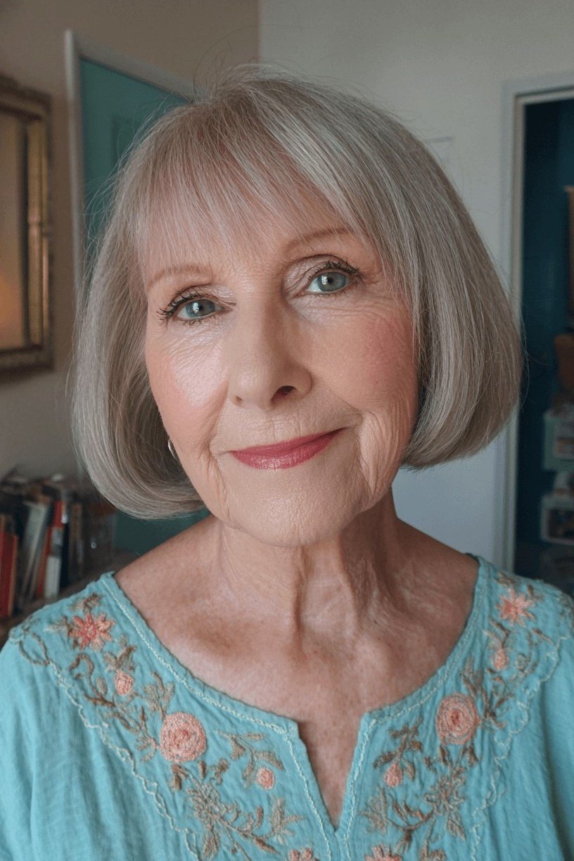 40. Silver Bob with Bangs - wash and wear hairstyle for older women