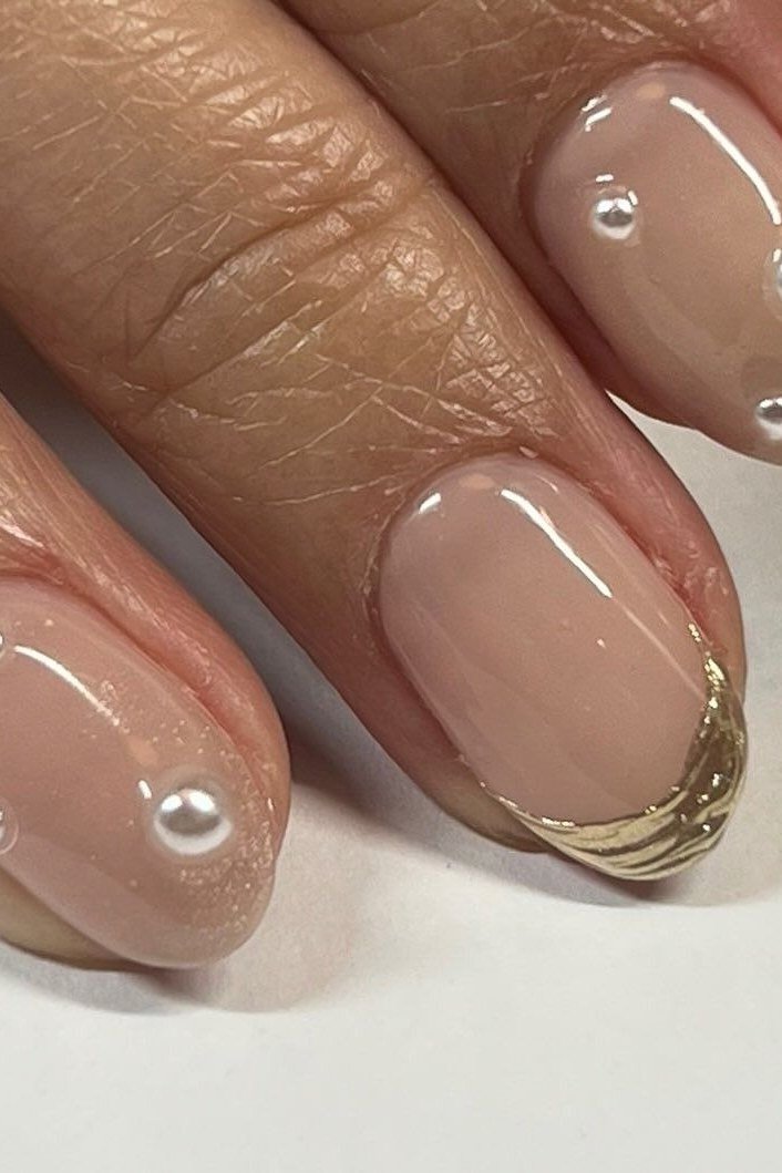 taupe nails with pearl dot accents