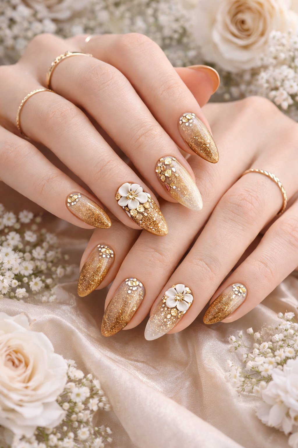 Gold Glitter Almond Nails nail design for women over 40