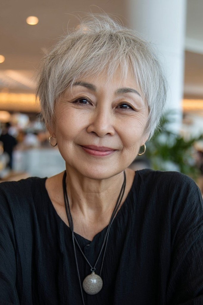 White pixie with bangs for women over 60, front view