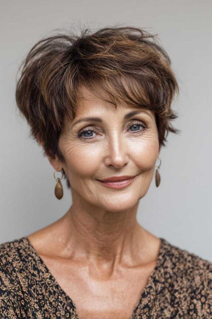 brunette short layered pixie for women over 50 front view