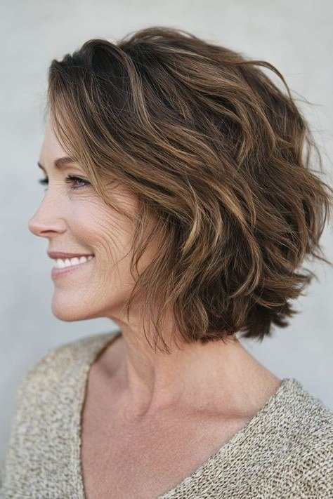 Brunette wavy bob, side view, short layered bob hairstyle for women over 60