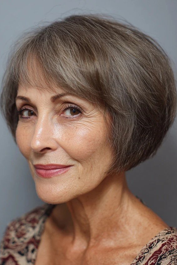 Warm brown french bob with soft bangs and feathered ends