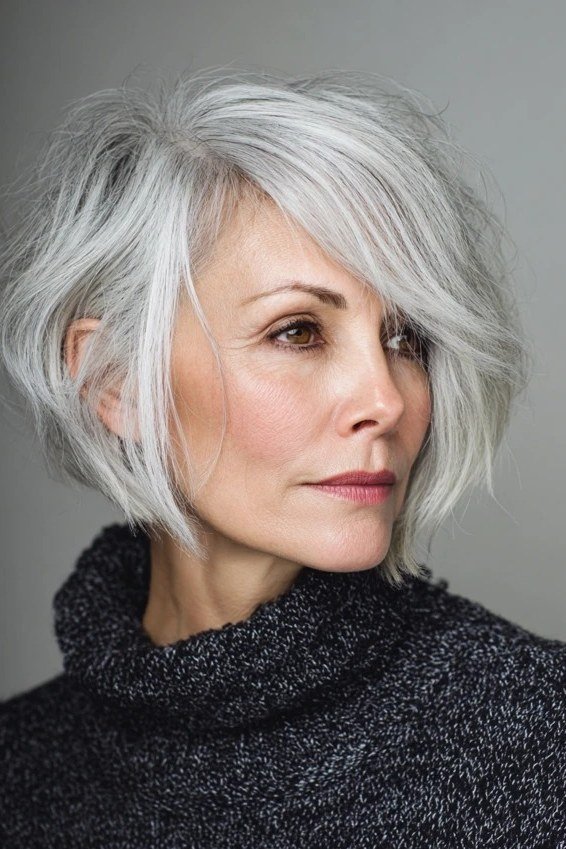 Layered Silver Shoulder Bob - grey shoulder length hairstyle for women over 60