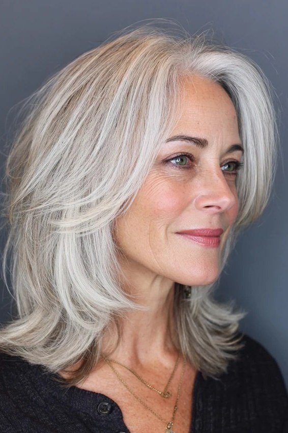 Layered Grey Lob - grey hairstyle for women over 60