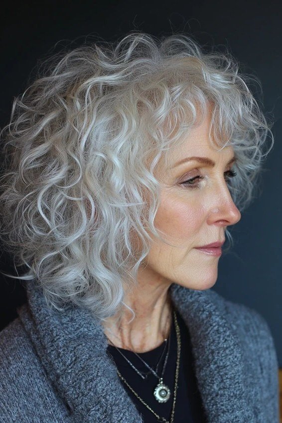 White Curly Bob in Profile - short curly hairstyle for women over 60