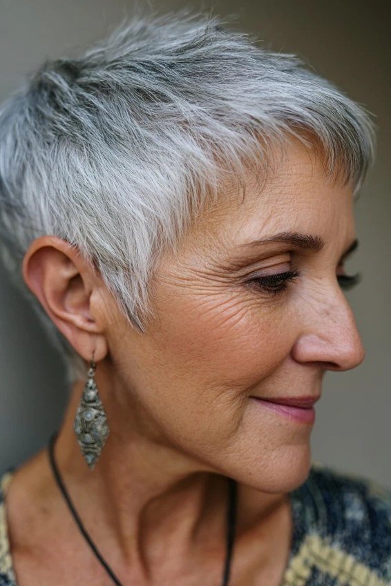 Soft silver pixie haircut for women over 60