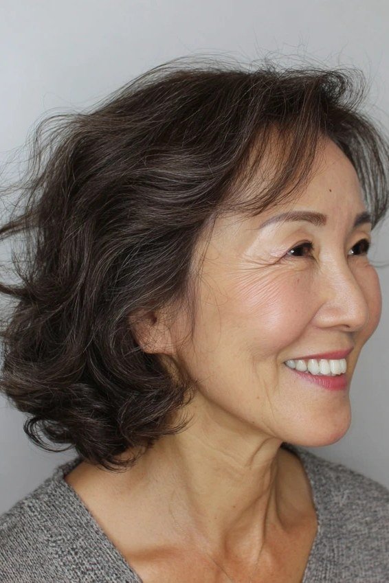 Dark brown wavy bob for women over 60