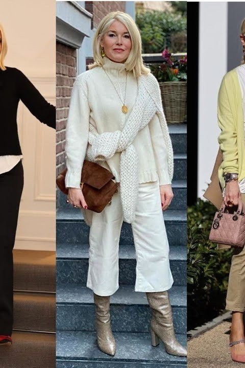 All cream monochrome knit outfit with tan bag, elegant fall look for women over 50