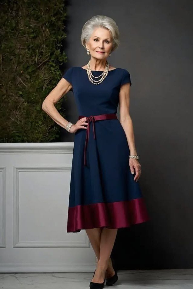 Navy and rust colorblock midi dress for women over 50, fall date night outfit