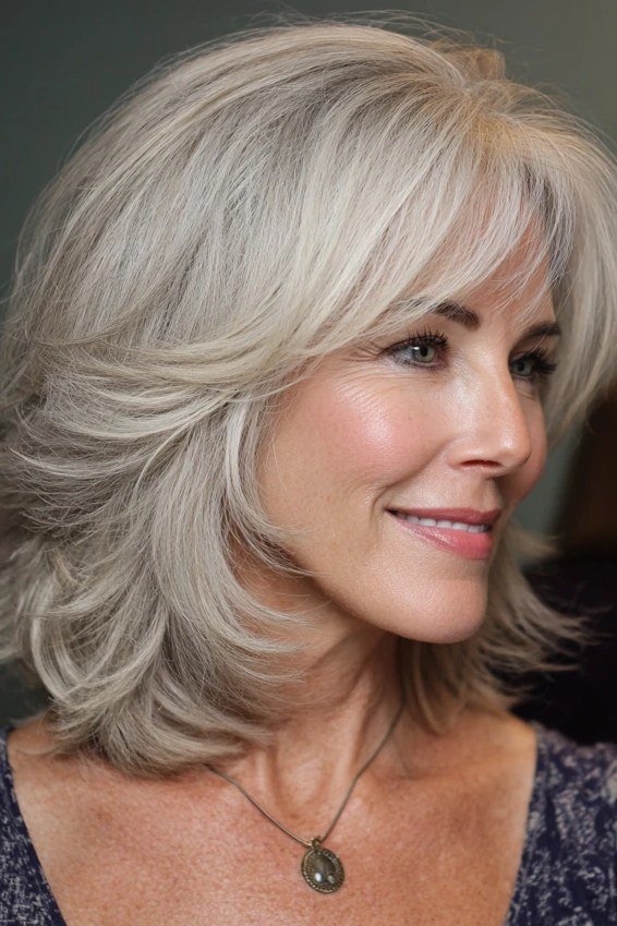 Feathered Silver Layered Bob, layered hairstyle for women over 70