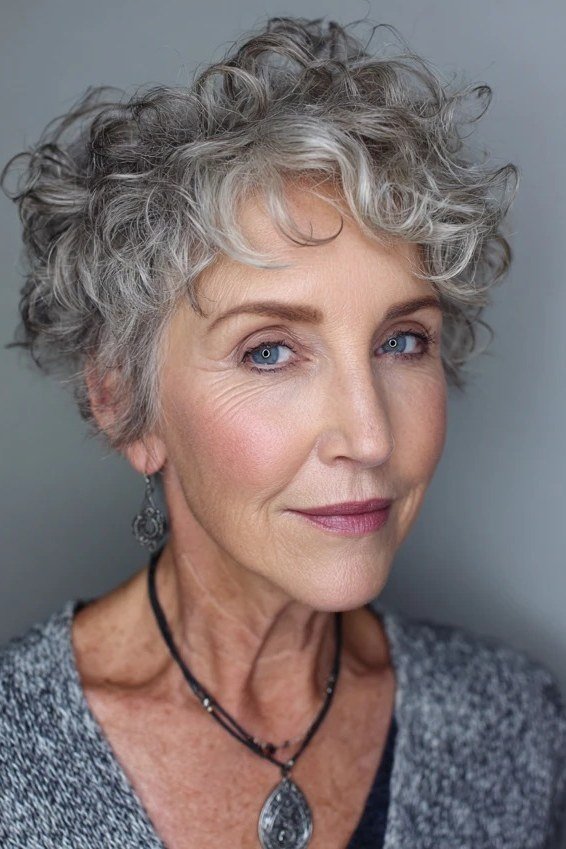 Silver-Grey Curly Bob, Front View - curly bob hairstyle for women over 50