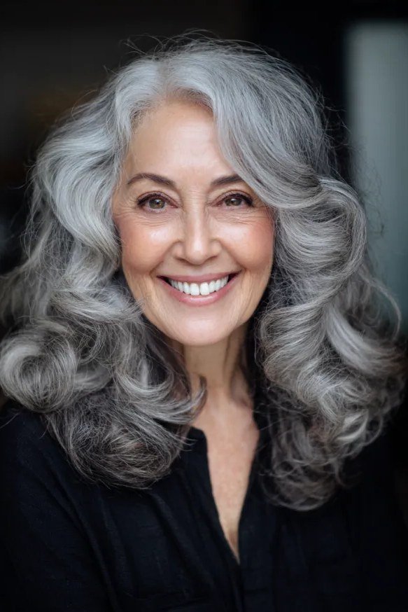 Big voluminous silver curls at shoulder length