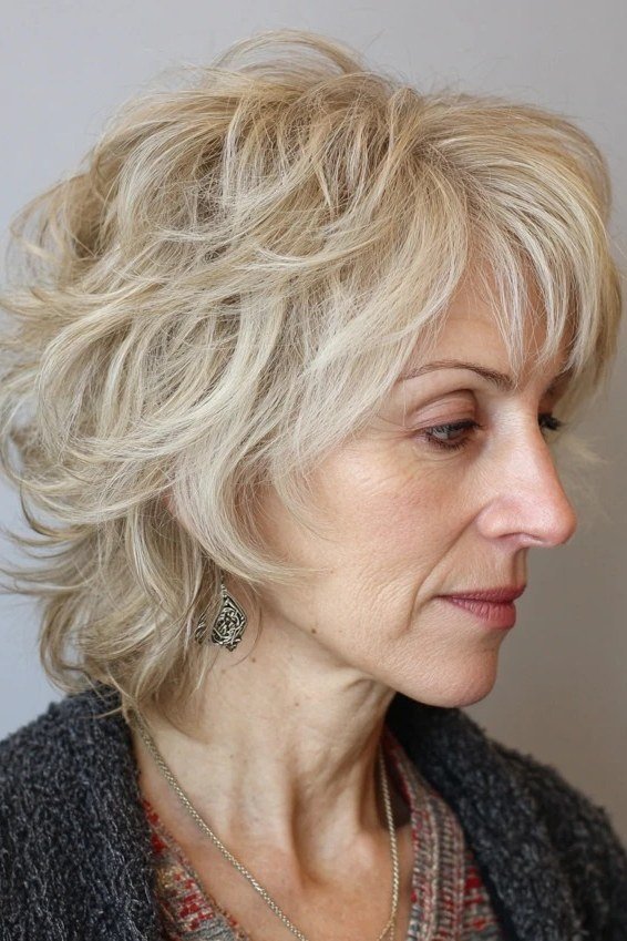 Voluminous Silver Textured Bob, chic bob haircut for women over 50