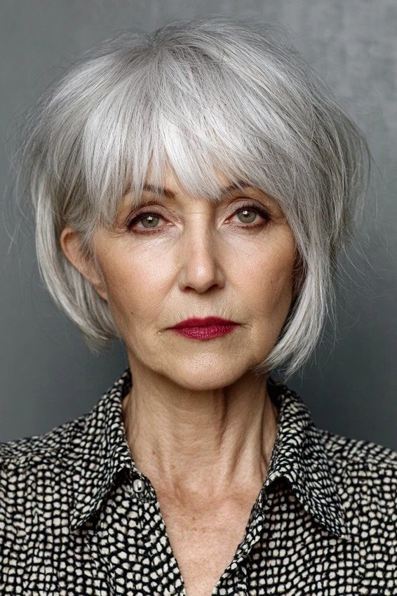 Choppy bob hairstyle for women over 60: grey wavy bob side grey background